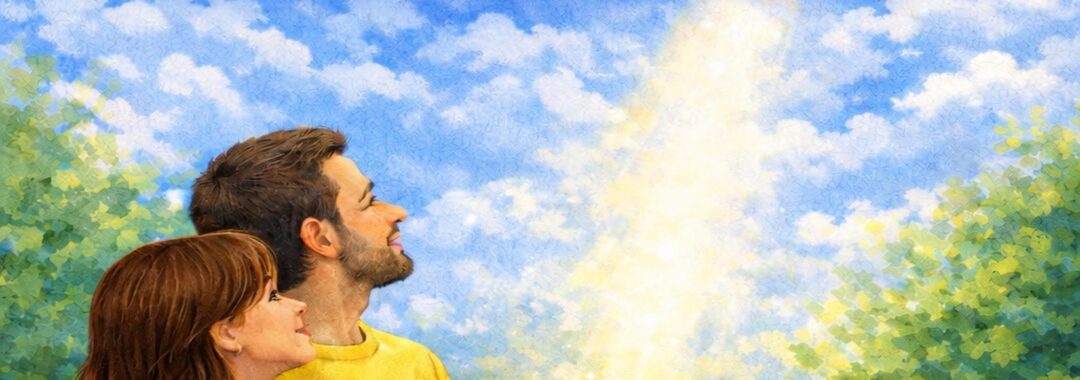 Grandma's in Heaven - A Beautiful Illustration of Family, Love, and Saying Goodbye. This emotional artwork shows a family gazing up at the spirit of Grandma, symbolizing the enduring bond of love and the peaceful journey of farewell. Ideal for teaching children about love, loss, and the process of saying goodbye."