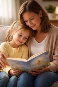 Child and parent reading a comforting grief book together
