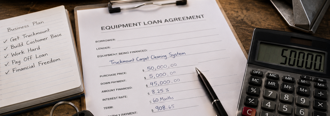 Vehicle keys, financing paperwork, calculator, and carpet cleaning equipment symbolizing the purchase of a truckmount carpet cleaning system and the responsibility of business ownership.