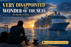 Promotional image for Very Disappointed With Wonder of the Seas by Michael Carter showing a traveler sitting by the water facing a large cruise ship at sunset.

Title: